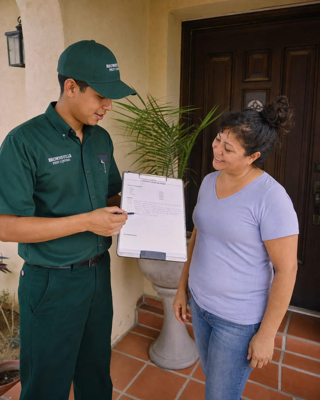 Technician explaining an inspection report to a homeowner