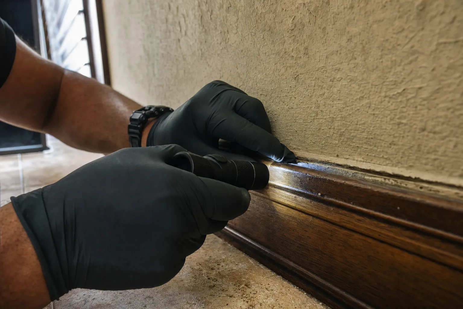 Technician inspecting a baseboard crack with a flashlight