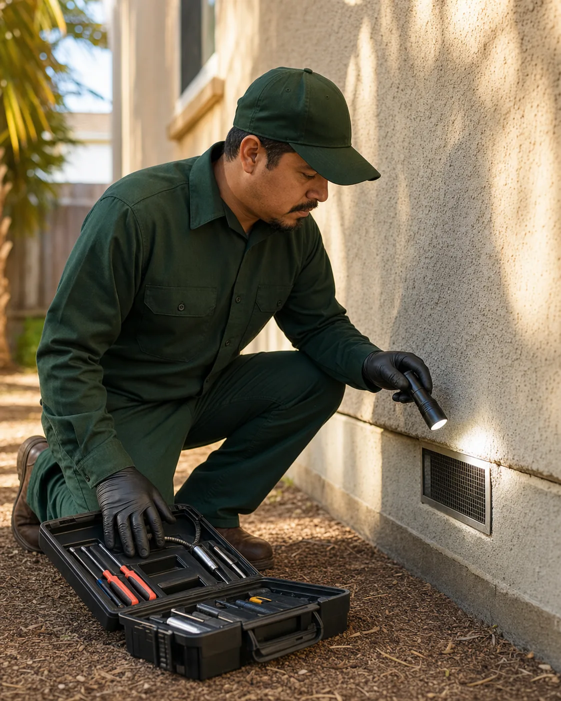 Licensed technician inspecting a foundation vent on a Brownsville home